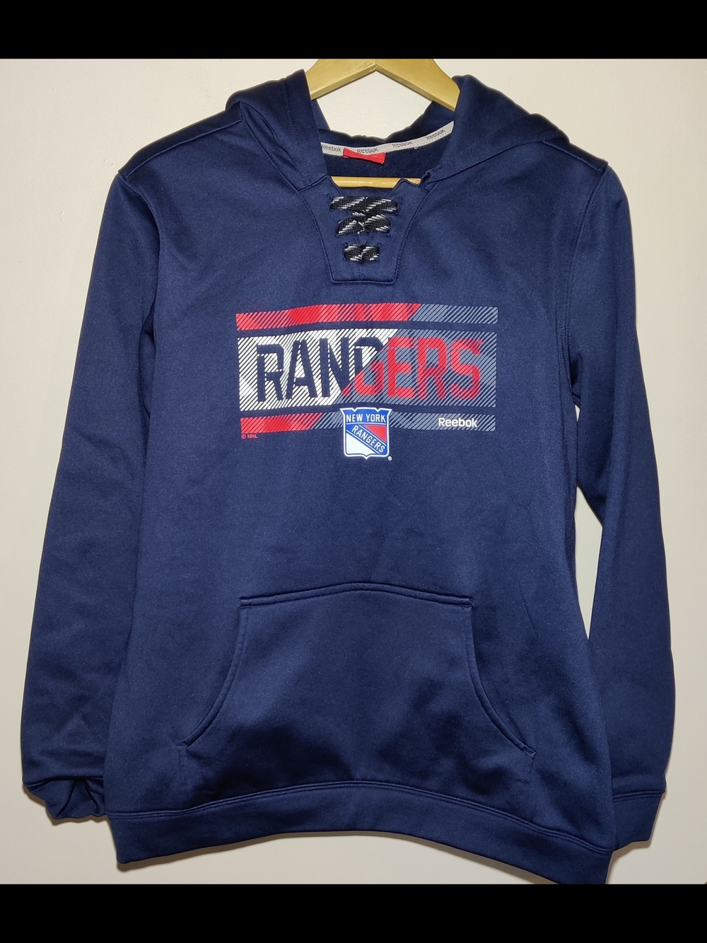 New York Rangers Reebok NHL Hockey Hoodie Sweatshirt Mens Medium M Blue Lace Up
